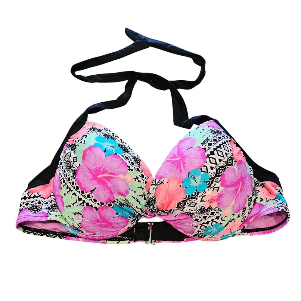 Vintage Y2K Tahiti Womens Sz XL Padded Bikini Swimsuit Top Pink Floral